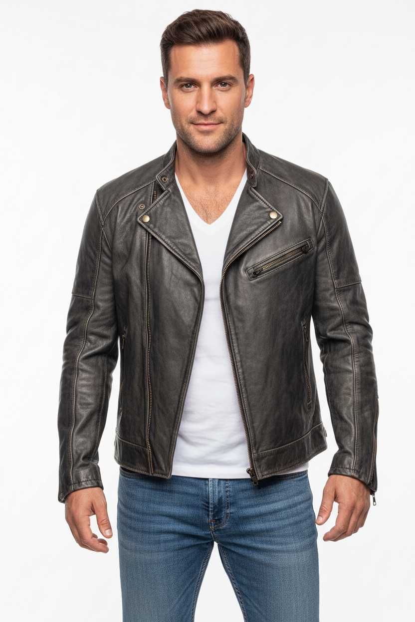 Black men's biker jacket in smooth PU leather with stand collar and front zip in a clean studio shot
