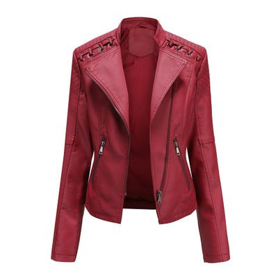 women slim leather jacket cropped length modern street fashion look