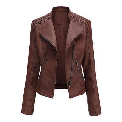 women slim leather jacket lapel collar detail premium finish view