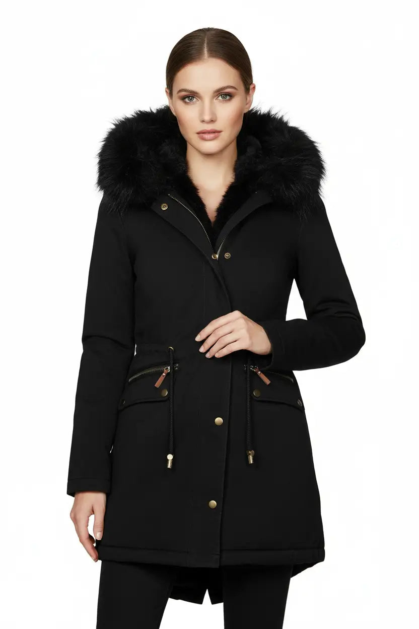 Women's Plush Hooded Parka Winter Warm Mid-Length Zip-Up Jacket Coat