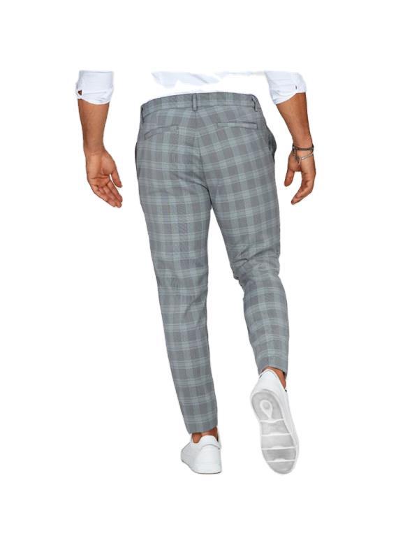 men's plaid pants close-up plaid fabric texture showing smooth drape and lightweight feel for summer outfits
