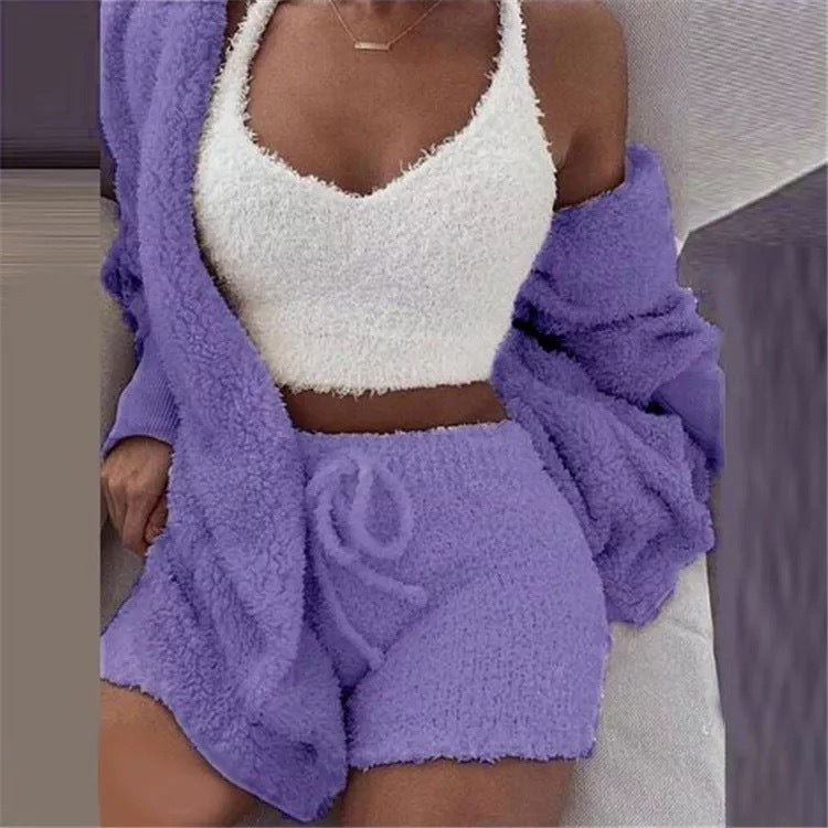 three piece women pajama set vest coat shorts casual indoor lounge