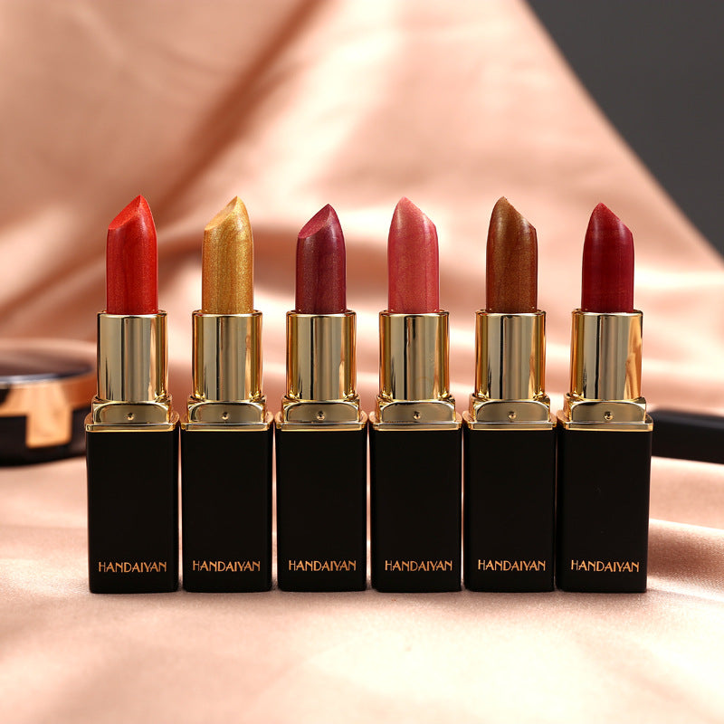 Metallic lip makeup product shown as one lipstick with a pearlescent reflective look, presented for visual product reference.