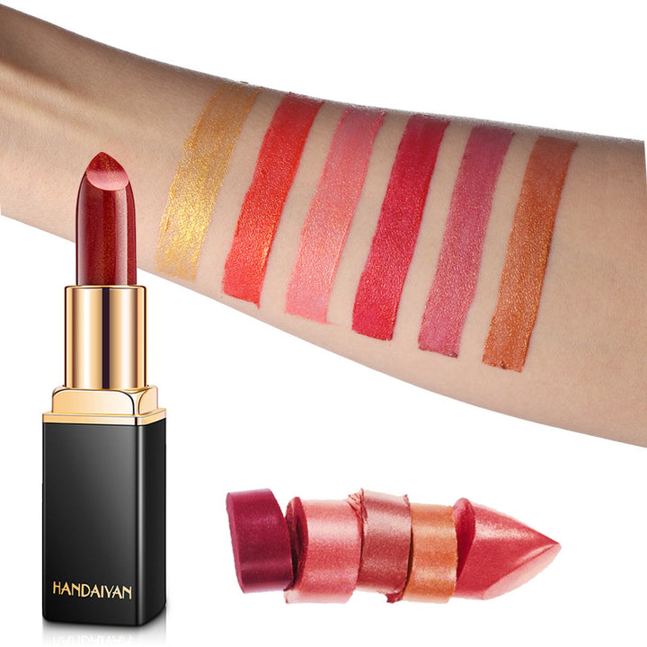 Metallic lipstick with pearlescent color-change finish for reflective lip looks, shown for product detail reference shopping.