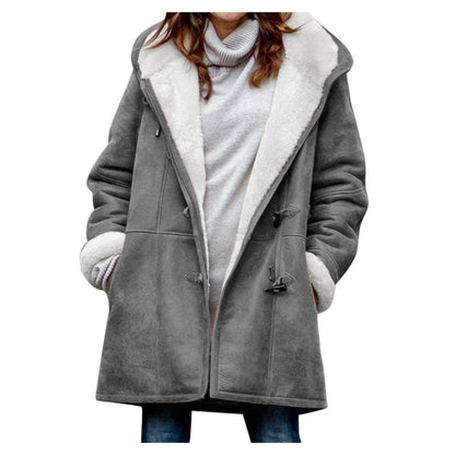 Women's faux suede sherpa coat feel with vintage toggles and pockets, hooded fleece lining for winter outfits

