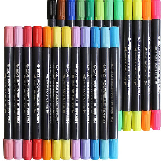 Water based brush markers set aligned neatly displaying vibrant color caps for studio workspace