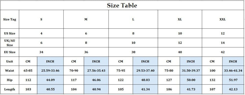 Size chart for clothing with various measurements in centimeters and inches.