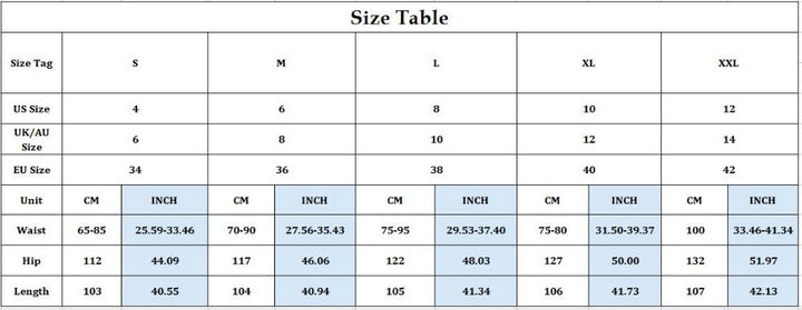 Size chart for clothing with various measurements in centimeters and inches.