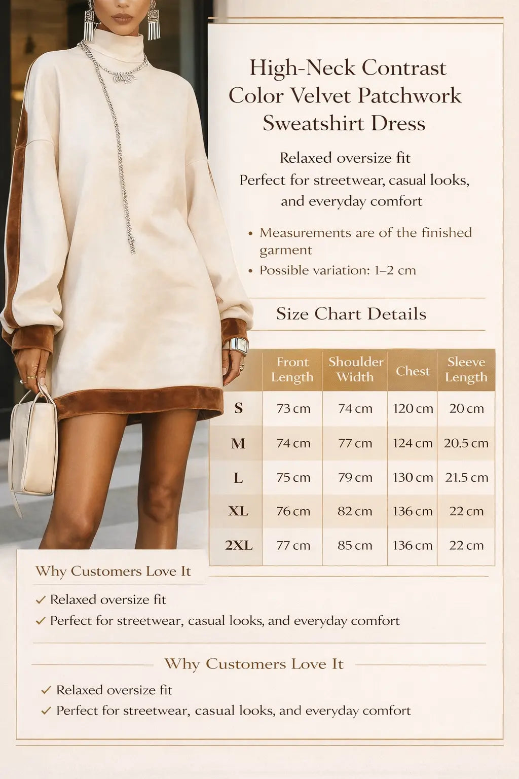 Contrast color velvet dress front view relaxed European casual aesthetic