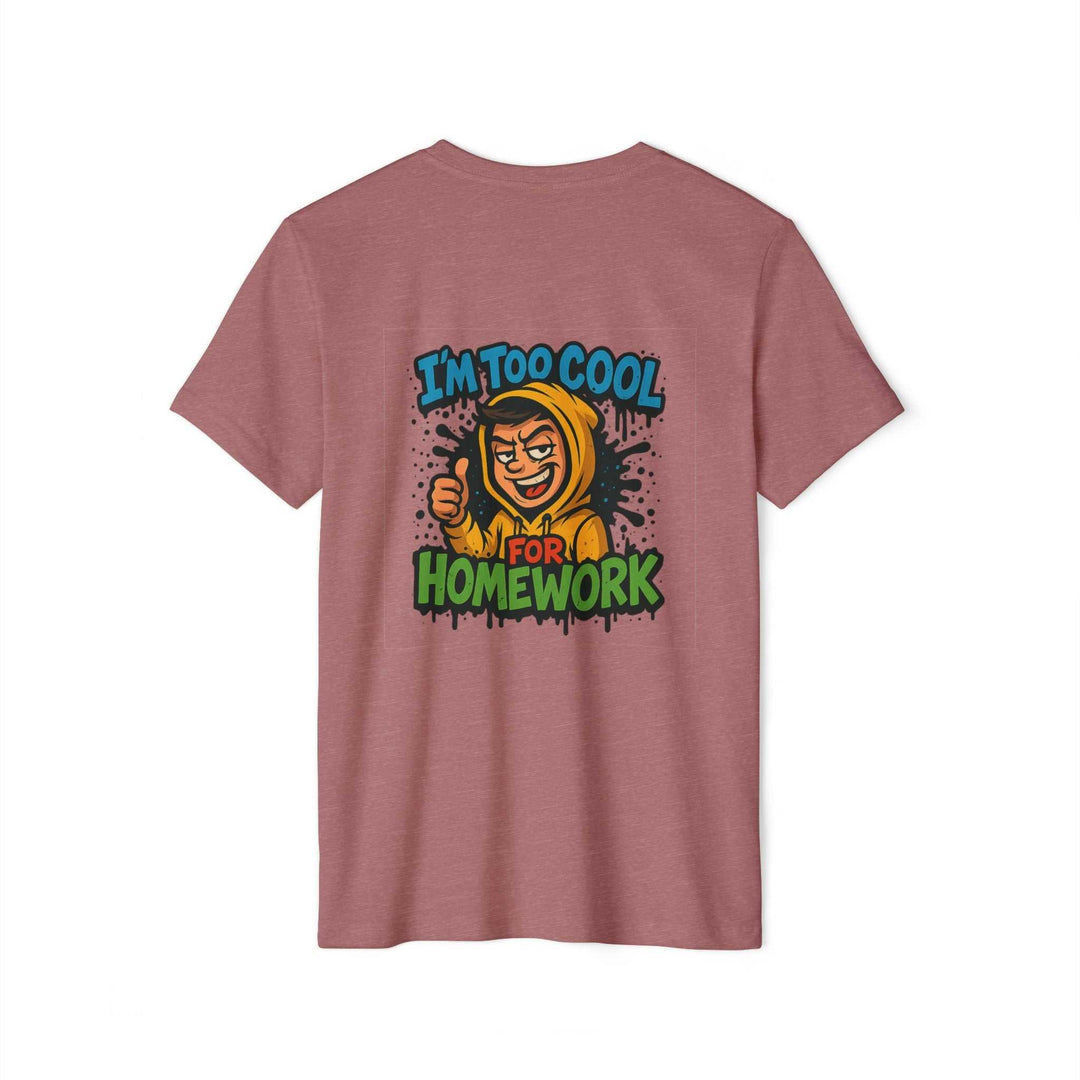 Eco-friendly pink tee with playful homework graphic
