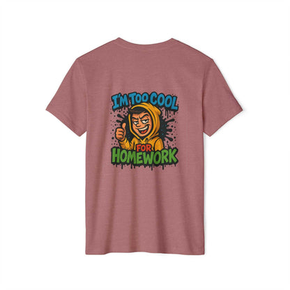 Eco-friendly pink tee with playful homework graphic