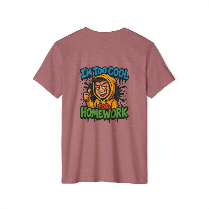 Eco-friendly pink tee with playful homework graphic