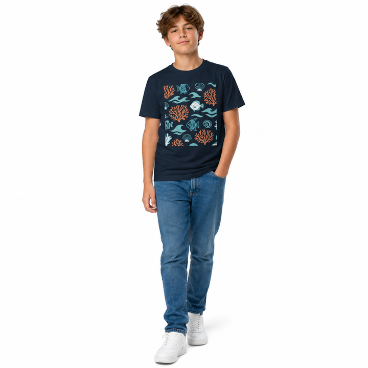Under the sea cotton kids tee with fish motif, elastic ribbed collar and easy care design for everyday casual outfits for fun