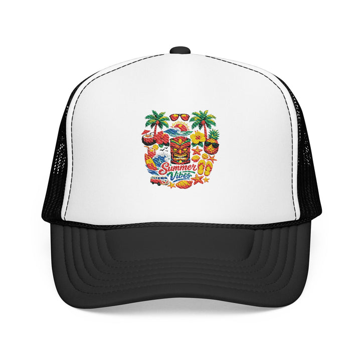 Close-up of Summer Vibes trucker hat highlighting neat stitching, vivid tropical print and a shaped curved black visor.