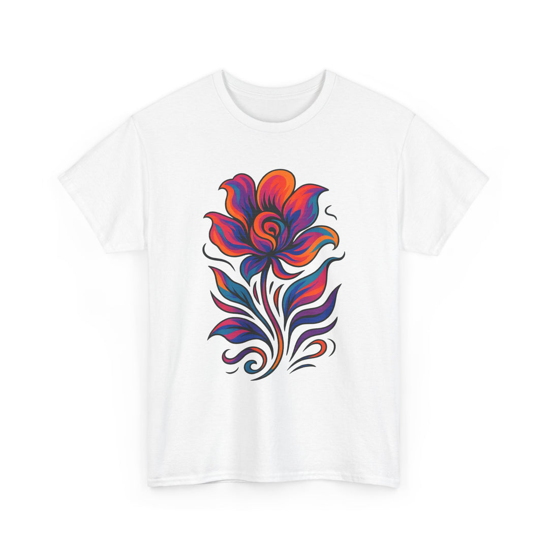 Artistic graphic tee shown on a hanger with neutral styling and natural light