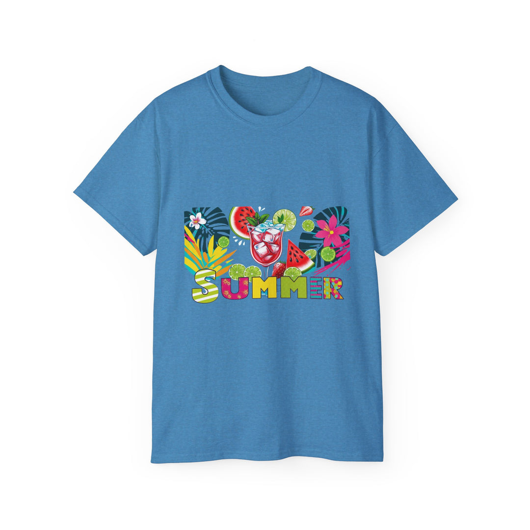 Side angle of cotton tee with colorful tropical graphic and roomy everyday silhouette