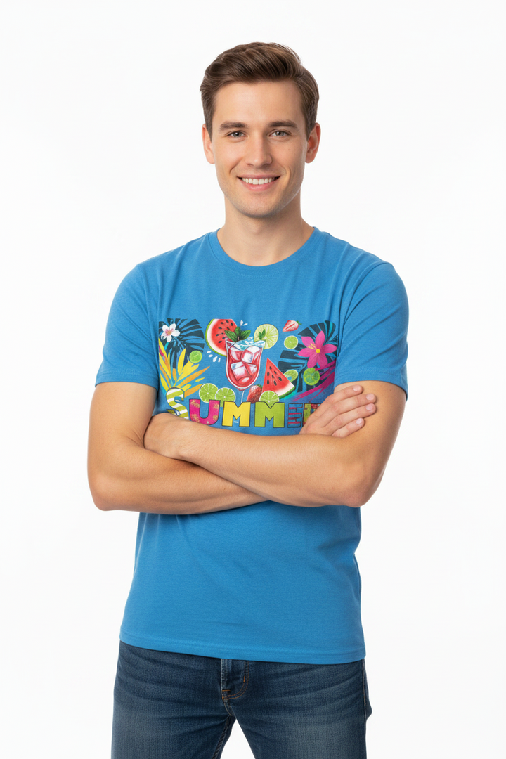 Front view of unisex tropical t-shirt with vibrant island print on a clean white background