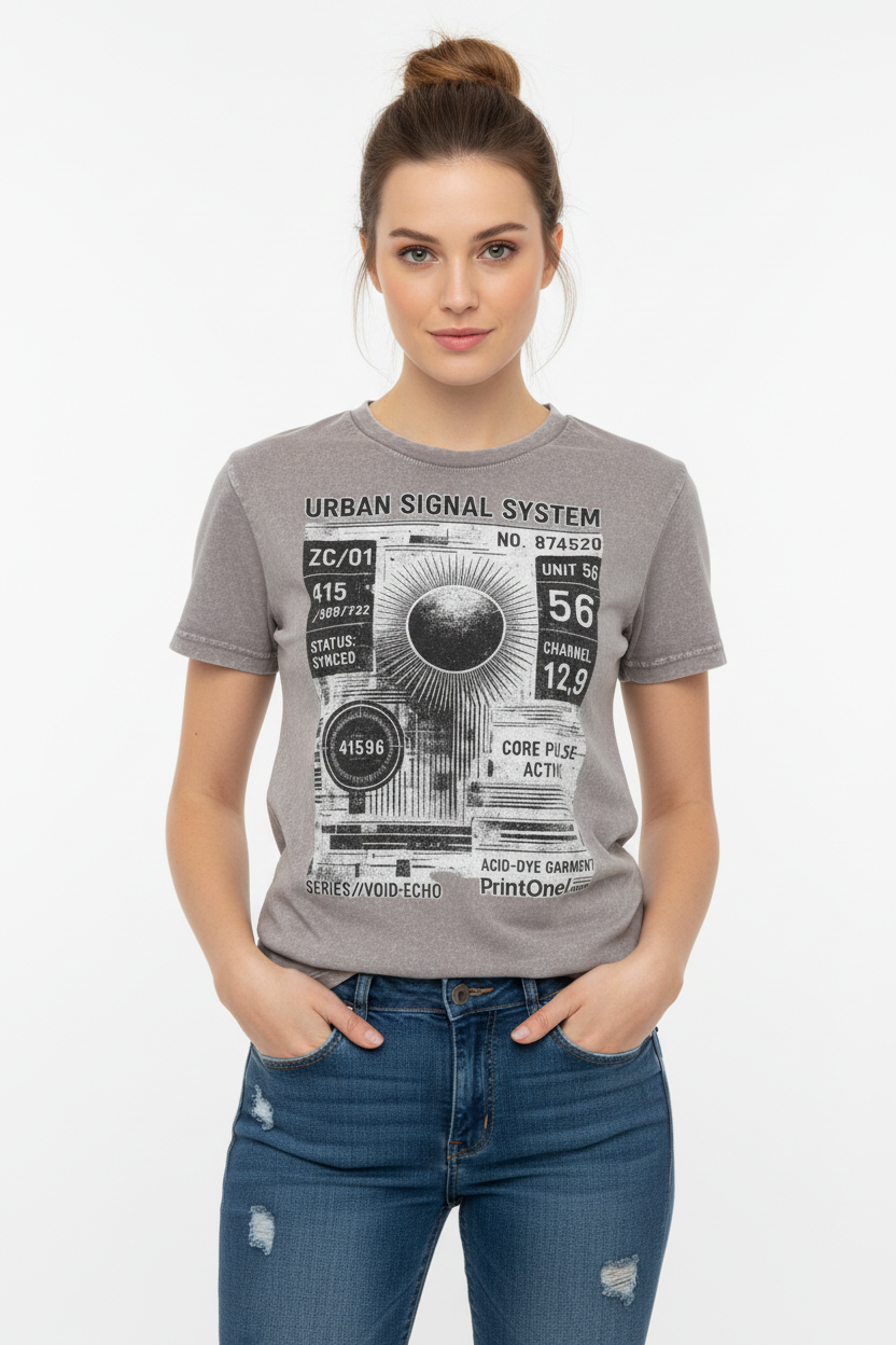 Front view of a relaxed-fit acid wash tee with a faded vintage texture