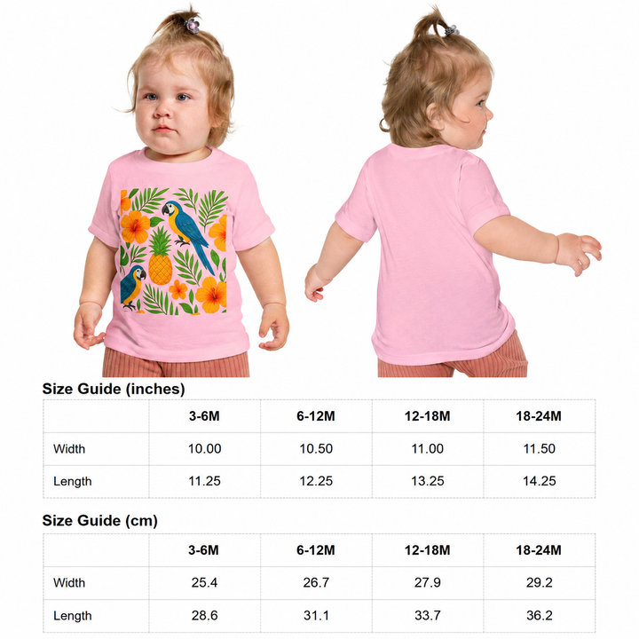 Infant t shirt with tropical island print and short sleeves, styled as a cheerful baby outfit for birthdays and fun playdays.
