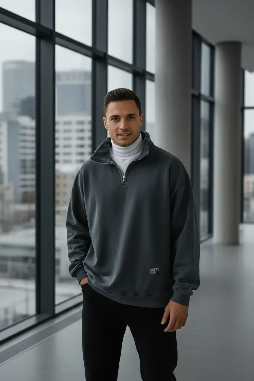 Men's fleece zip-up sweatshirt dark red polar fleece loose fit drop shoulder layer for fall winter everyday wear
