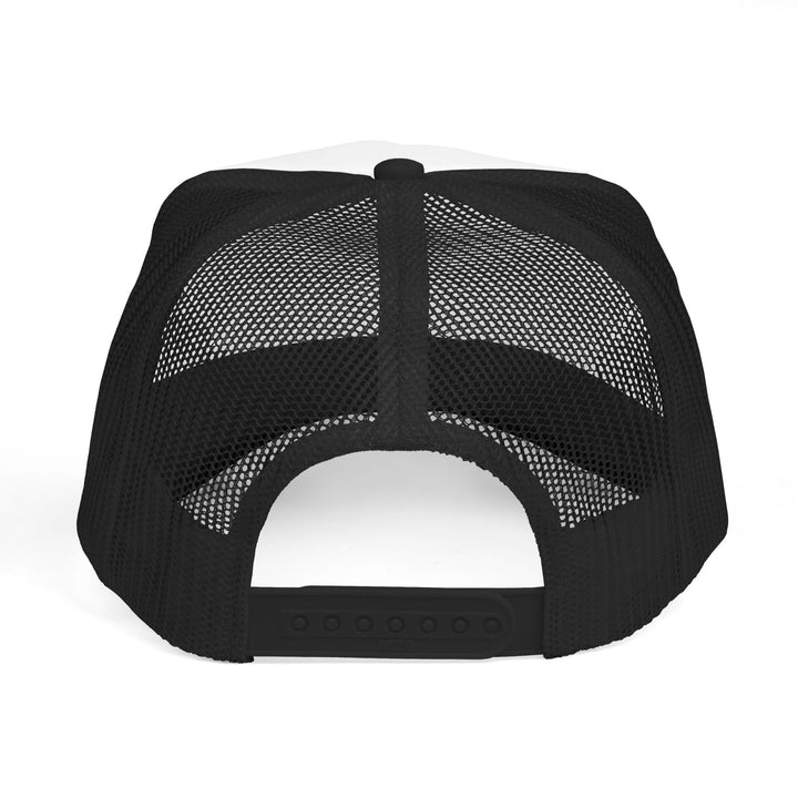 Black and white trucker hat on a female model with crisp front panel, secure fit and colorful tropical summer design.