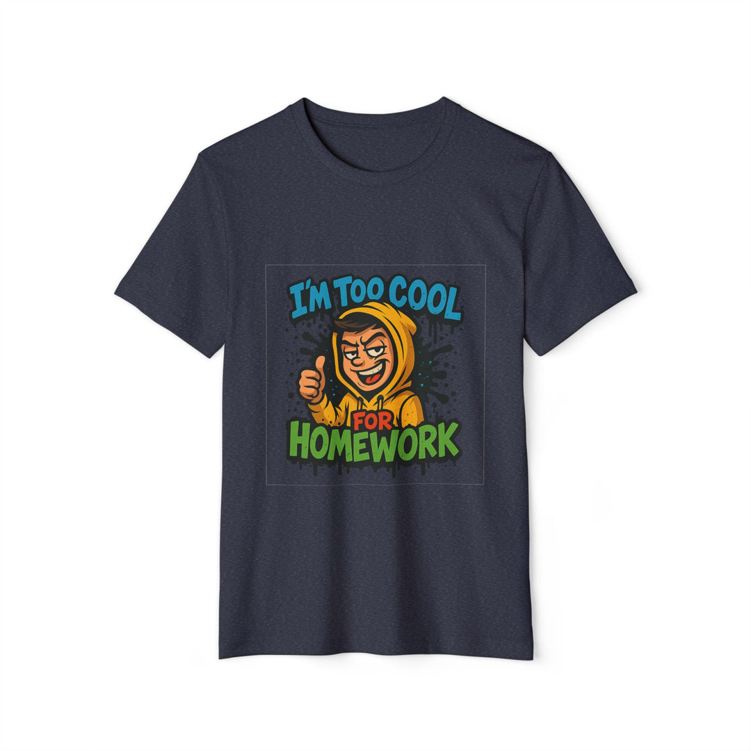 Navy blue t-shirt with a colorful graphic and text on a white background