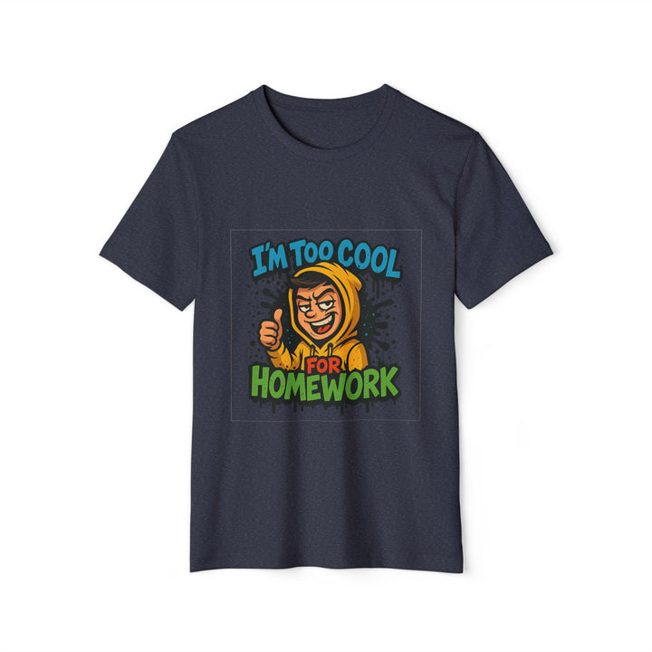 Navy blue t-shirt with a colorful graphic and text on a white background
