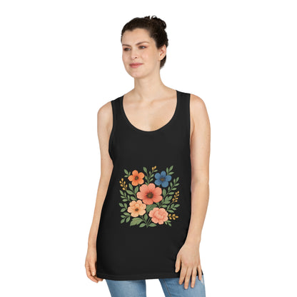 Woman wearing a black tank top with floral design on a white background