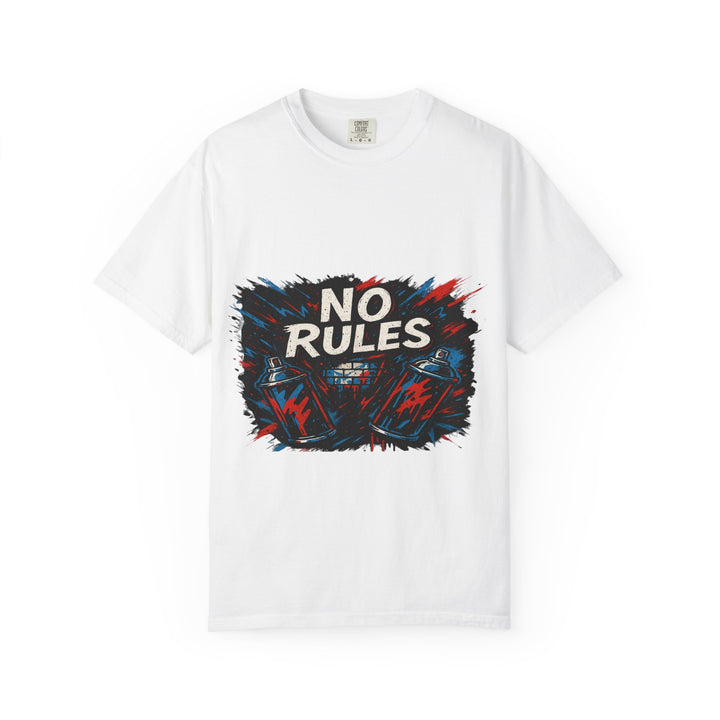 Garment-dyed unisex graphic tee with No Rules artwork, pre-shrunk construction, and an easy shape available in sizes S to 4XL
