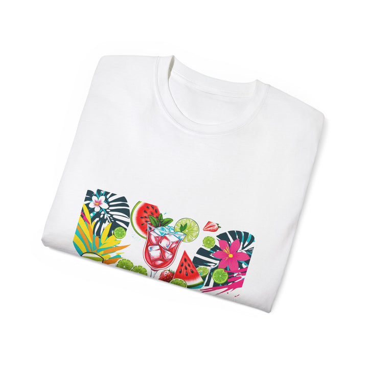 Flat lay of summer party shirt paired with sunglasses and sandals for vacation styling