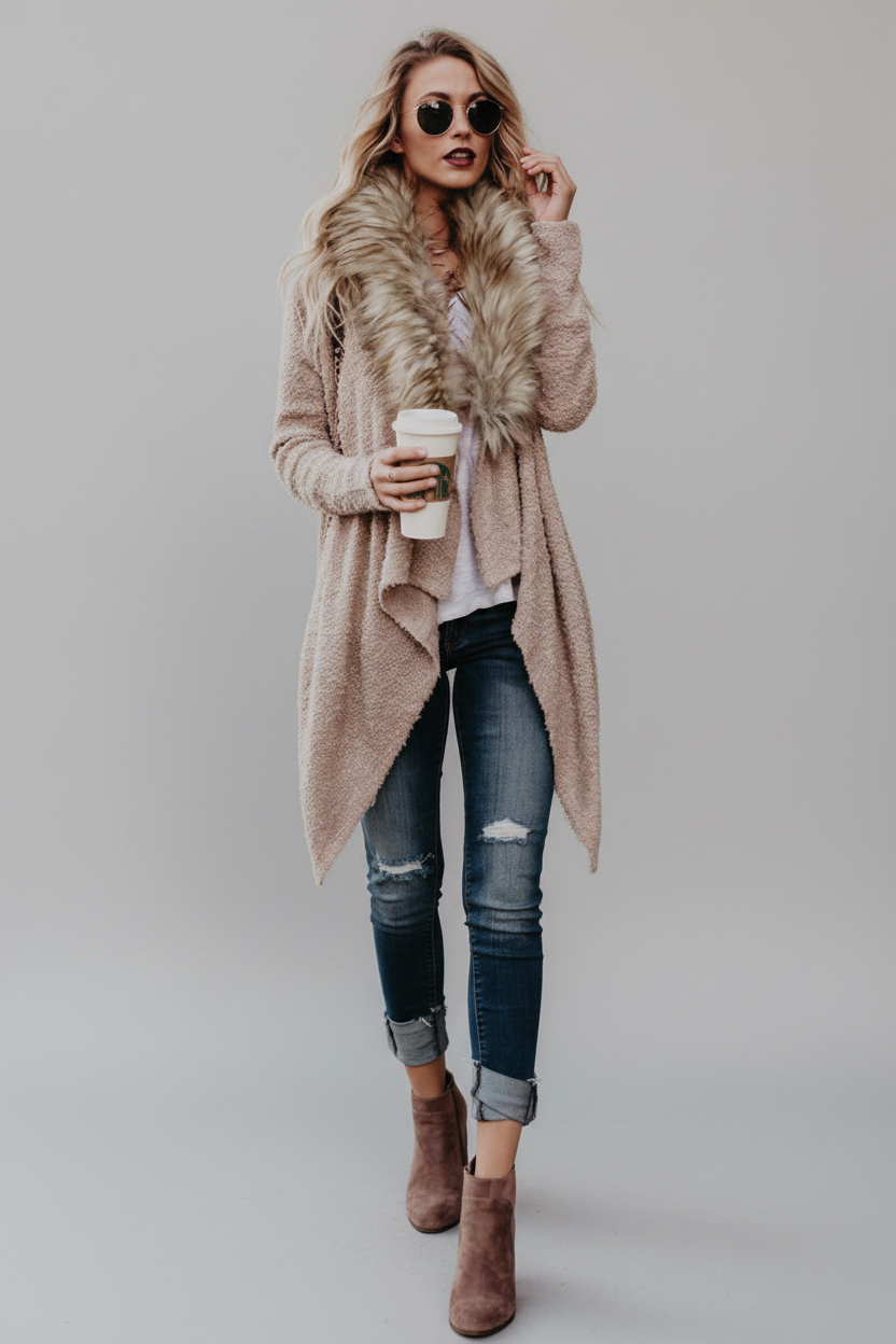 Cashmere fur collar cardigan coat worn open over tailored trousers minimal chic women's luxury winter look