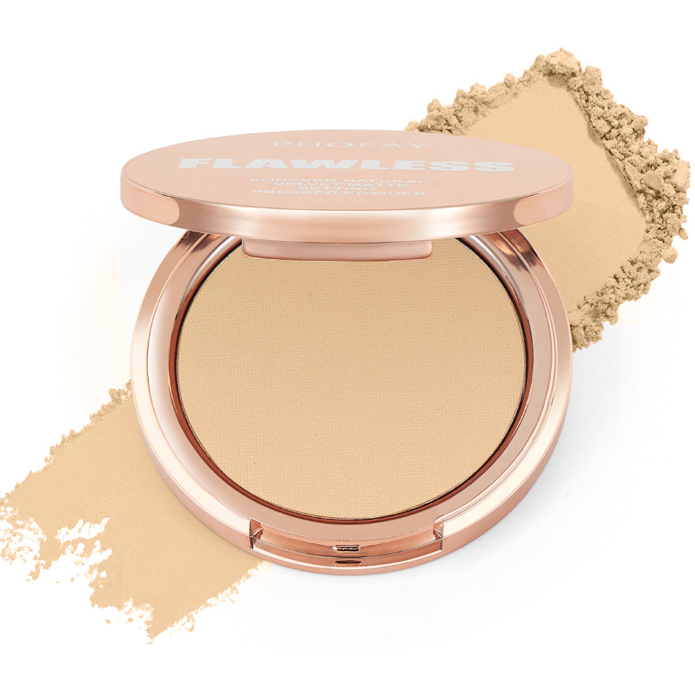 Compact powder with rose gold case and visible brand name on a white background