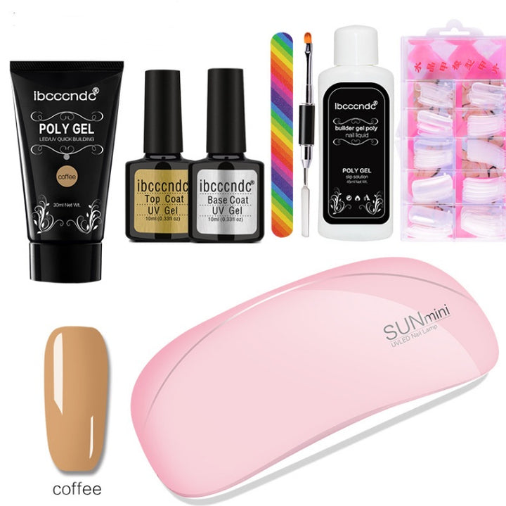 Gel nail starter kit packaging detail showing product labels and color-coded tubes
