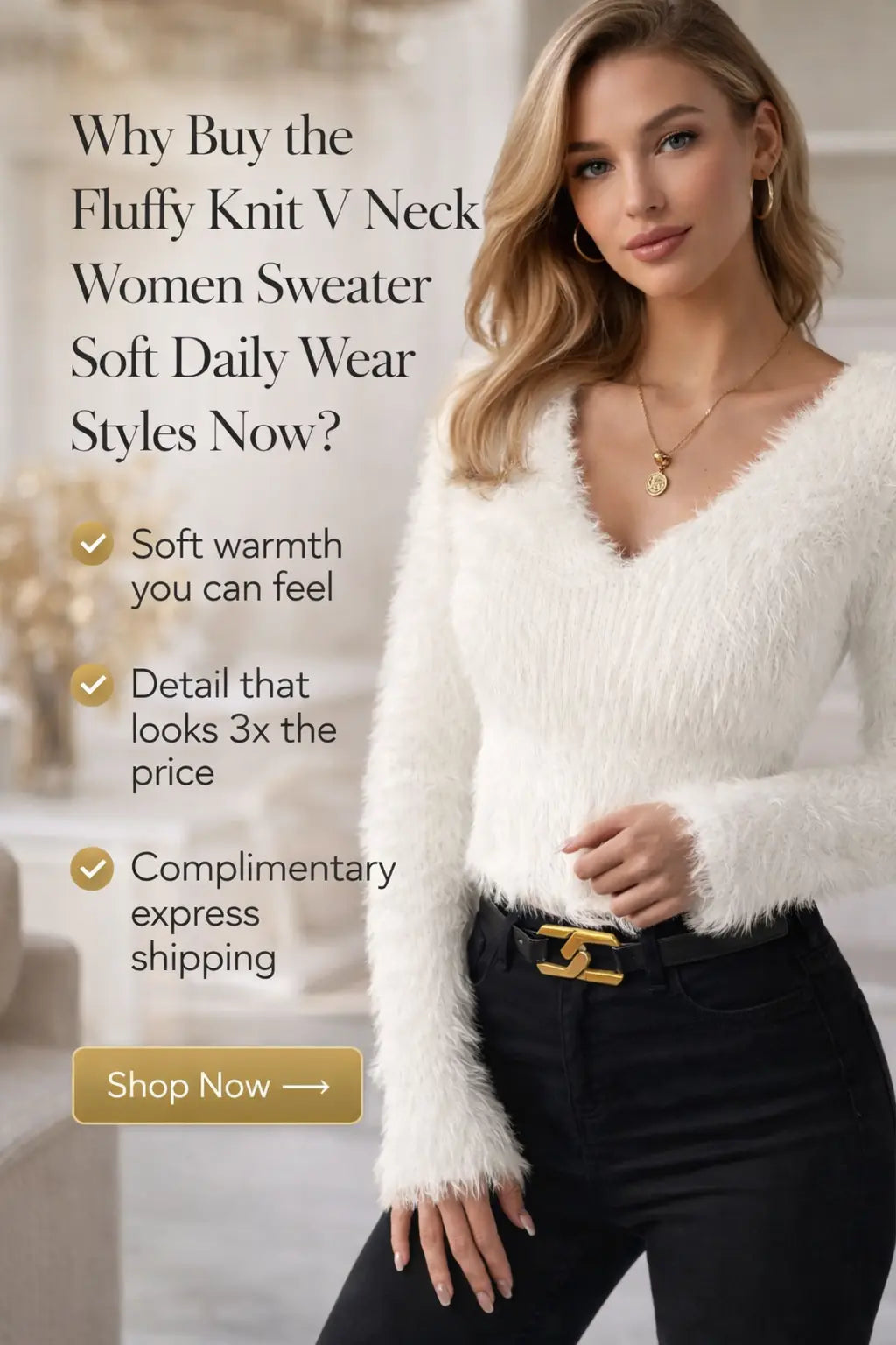 fluffy knit v neck women sweater layered with coat city style