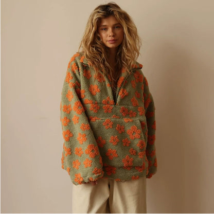 Women’s Floral Sherpa Pullover - Half-Zip, Large Pocket