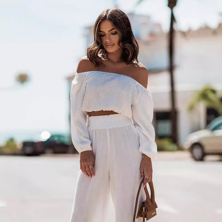 Off Shoulder Women Set with Straight Leg Pants OutfitX!