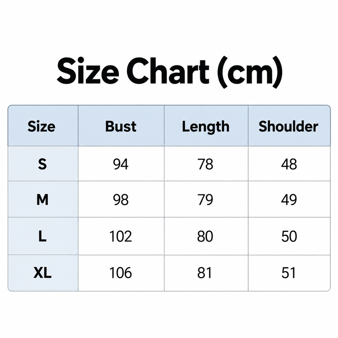 Size chart for S to XL showing bust, length and shoulder measurements in centimeters.