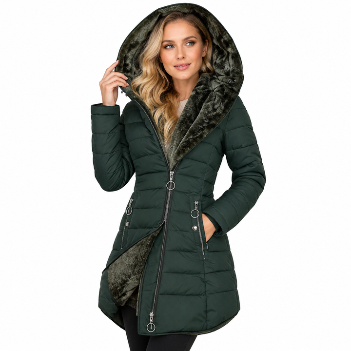 Women zip hoodie coat displayed with clean hood shape, full front zipper and balanced regular length for daily wear with ease