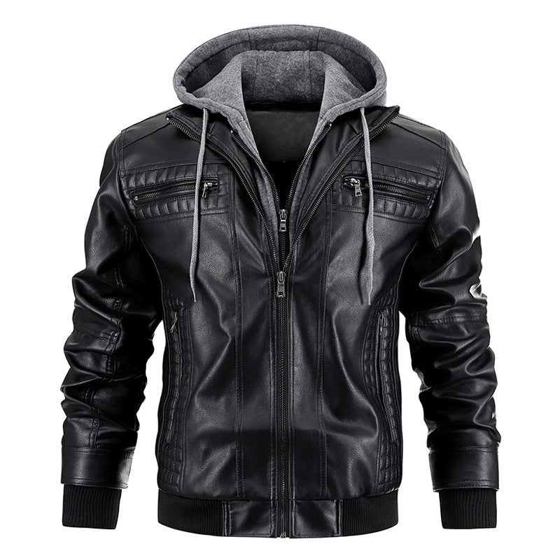 mens hooded PU leather jacket modern casual outerwear style