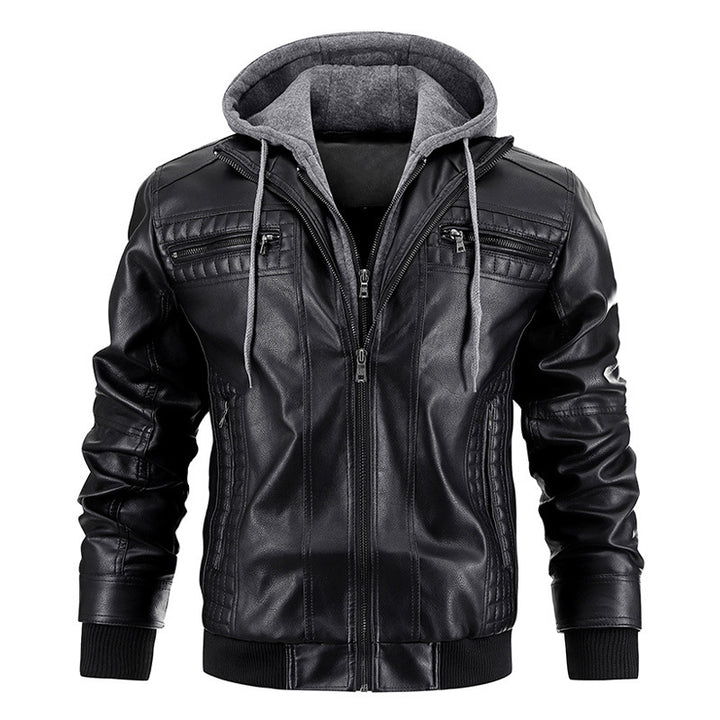 mens hooded PU leather jacket modern casual outerwear style