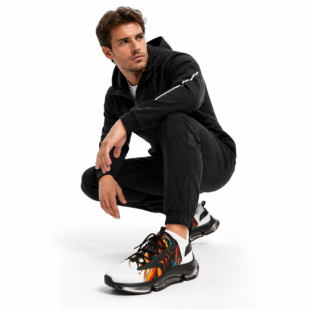 Front angle of men's breathable mesh sneakers with lace-up closure and lightweight EVA sole on a clean studio background
