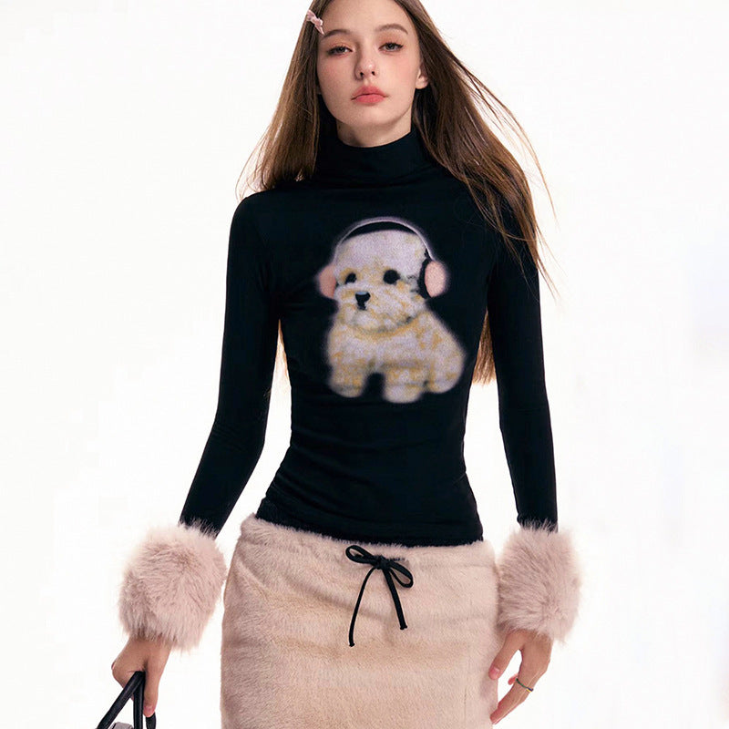 girly semi-turtle neck puppy t-shirt back view plain