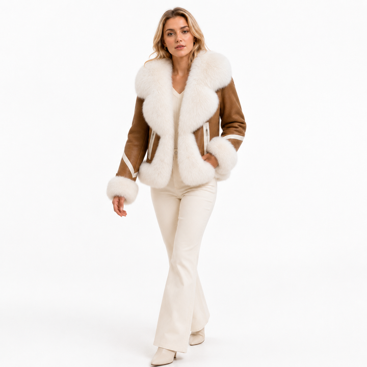 Camel faux fur coat for women with a fur collar, conventional sleeves, thick cotton backing, and polished short winter shape.
