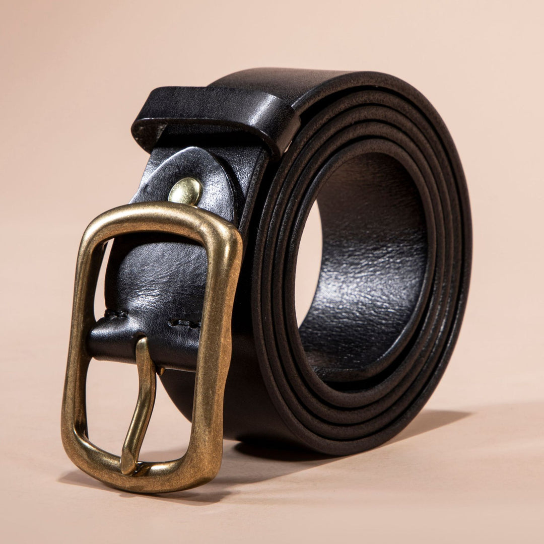 retro men leather belt highlighting natural cowhide texture and solid buckle