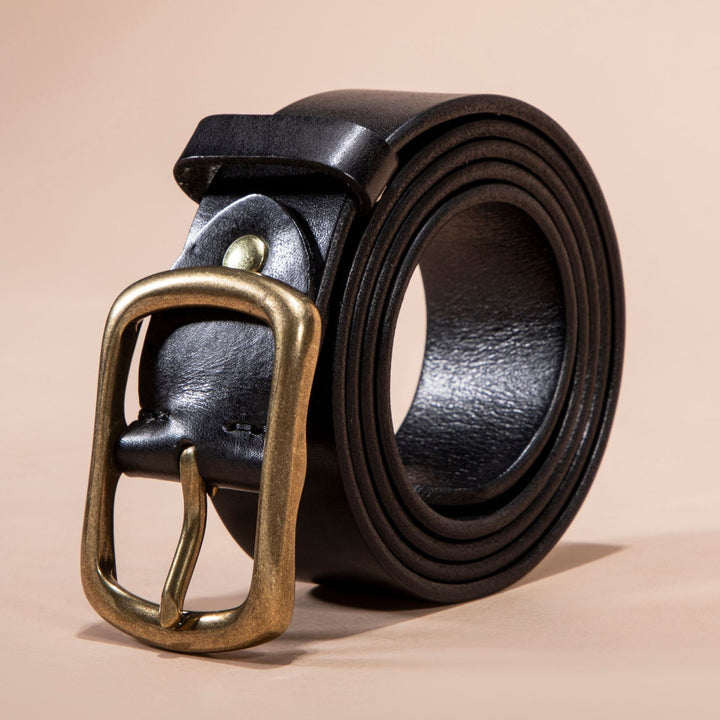 retro men leather belt highlighting natural cowhide texture and solid buckle