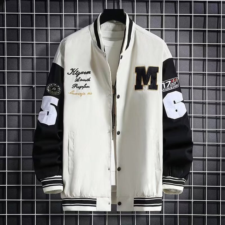 men's baseball jacket button front closure detail premium finish focus