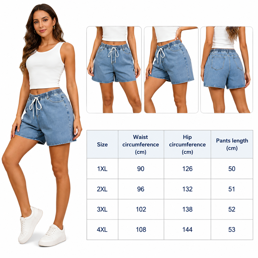 Plus size denim shorts in retro washed blue denim cotton, wide leg cut for casual summer outfits from XL to 4XL sizing easy