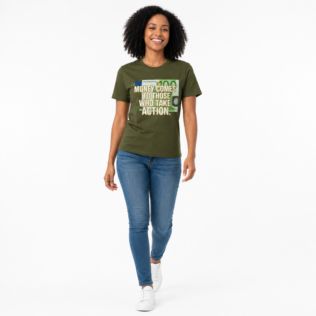 Daily action quote t shirt shown in white with black print, designed for casual outfits, motivational events, work, and gifts