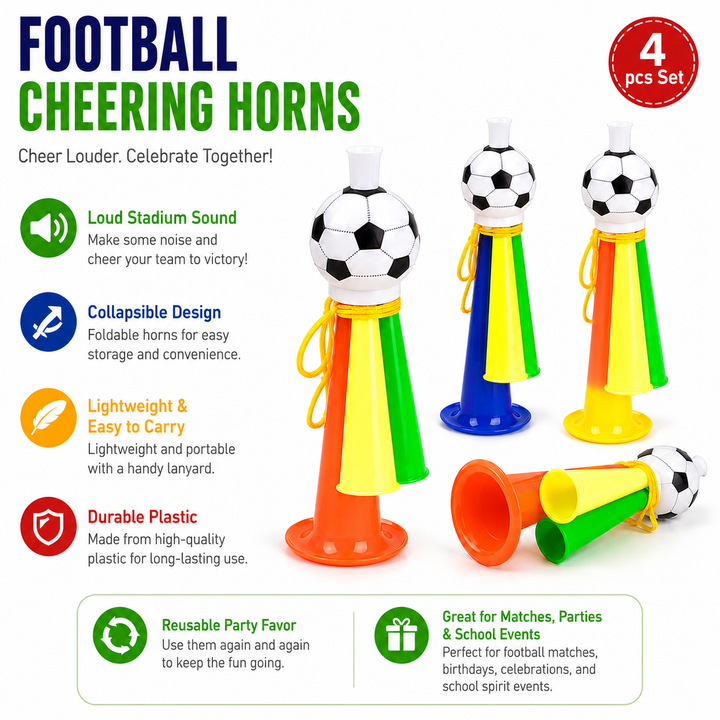 Lightweight plastic cheering horn set for soccer fans, party favors, tailgate themes and team support activities outdoors now