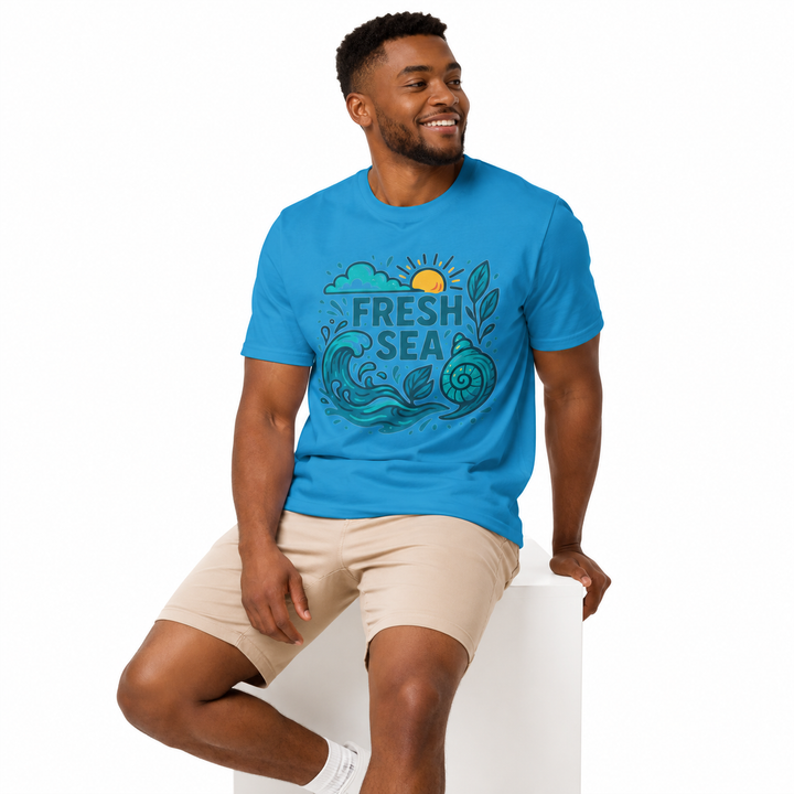 Fresh Sea unisex tee with ocean-inspired style, 100% cotton construction, ribbed collar, and everyday versatility for travel.
